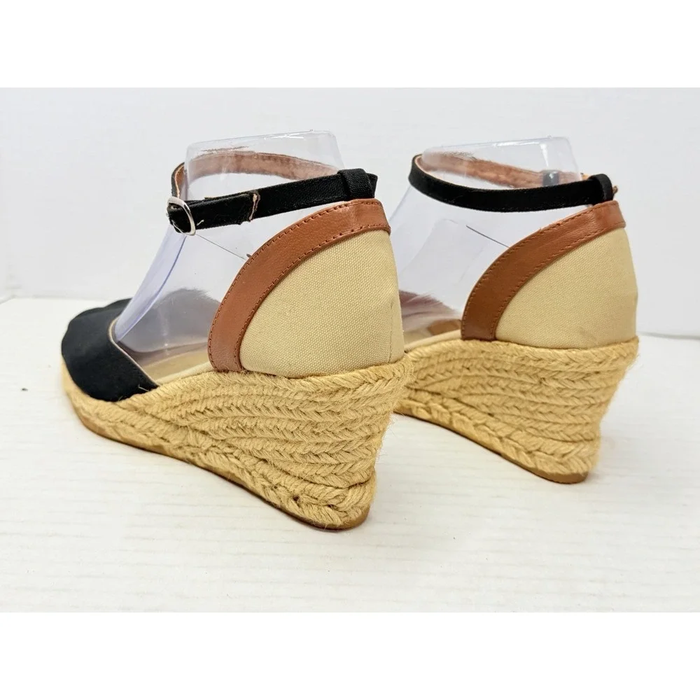 Brooks Brothers Womens US 7.5 Black Canvas Espadrille Wedge Ankle Strap